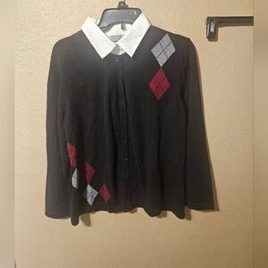 Vintage 90s Black Argyle Button-up Cardigan Collared Sweater Size Petite XL